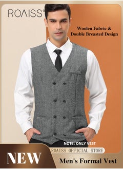 roaiss Men's V-Neck Sleeveless Double Breasted Solid Business Blazer Waistcoat  - Image 1