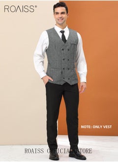 roaiss Men's V-Neck Sleeveless Double Breasted Solid Business Blazer Waistcoat  - Image 2