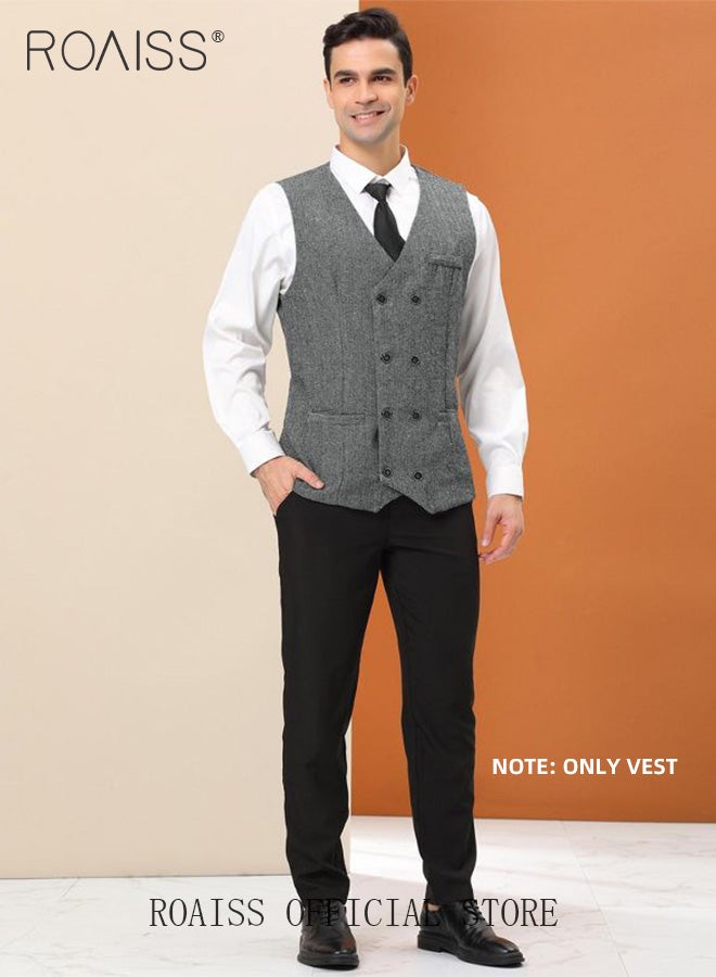 roaiss Men's V-Neck Sleeveless Double Breasted Solid Business Blazer Waistcoat  - Image 2