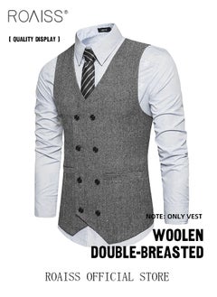 roaiss Men's V-Neck Sleeveless Double Breasted Solid Business Blazer Waistcoat  - Image 4