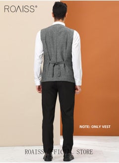 roaiss Men's V-Neck Sleeveless Double Breasted Solid Business Blazer Waistcoat  - Image 3