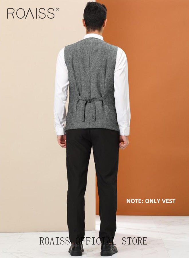 roaiss Men's V-Neck Sleeveless Double Breasted Solid Business Blazer Waistcoat  - Image 3