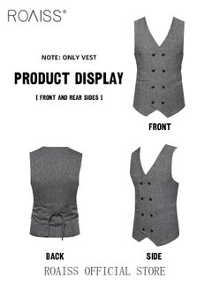 roaiss Men's V-Neck Sleeveless Double Breasted Solid Business Blazer Waistcoat  - Image 5
