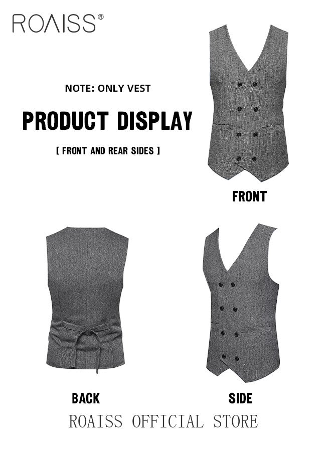 roaiss Men's V-Neck Sleeveless Double Breasted Solid Business Blazer Waistcoat  - Image 5