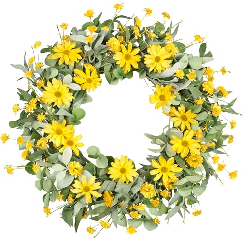 Artgar 26 Inch Daisy Wreath, Artificial Spring and Summer Wildflower Wreath for Front Door, Wall, Home, Wedding, Farmhouse, Porch, and Holiday Decor(Yellow) - Image 1