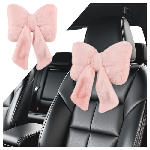 VKQTS Furry Bow Car Headrest PillowSoft Comfortable Car Neck Pillow for Cars Decorations Fatigue ReliefUniversal Head Rest Pillows for Cars Interior Accessories for TrucksSUVs Pink - Image 1