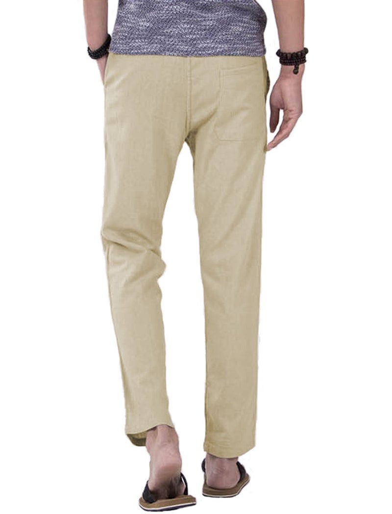 SIR7 Men's Linen Casual Lightweight Drawstrintg Elastic Waist Summer Beach Pants Beige, Large - Image 3
