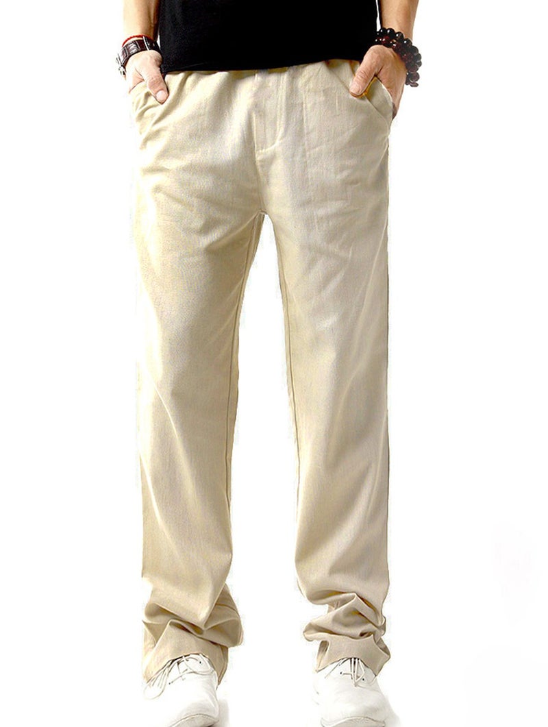 SIR7 Men's Linen Casual Lightweight Drawstrintg Elastic Waist Summer Beach Pants Beige, Large - Image 2