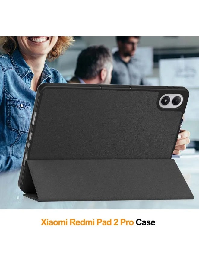 جراب متوافق مع جهاز Redmi Pad 2 Pro مقاس 12.1 بوصة، مزود بوظيفة الحامل، وغطاء ذكي مع خاصية التشغيل/الإيقاف التلقائي، وغطاء واقٍ من مادة TPU المقاومة للخدش - أسود - Image 4