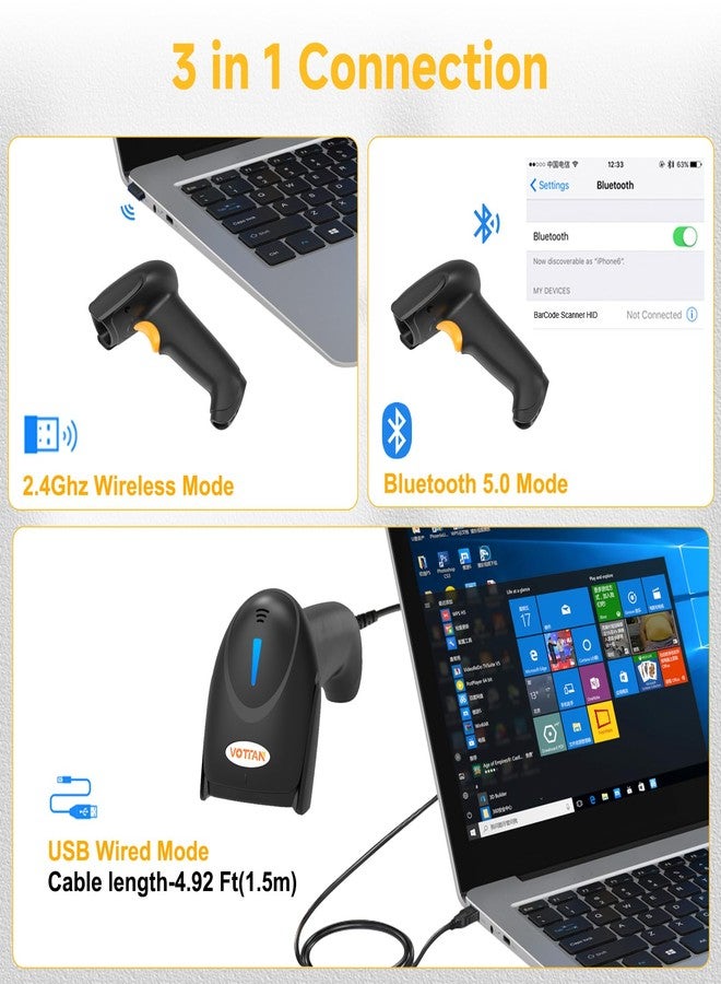 VOTTAN QR 2D Barcode Scanner, Bluetooth & 2.4G Wireless & USB Wired Connect iPad Phone Tablet PC POS, UPC EAN 1D PDF417 Data Matrix 2D Handheld Barcode Scanner - Image 2