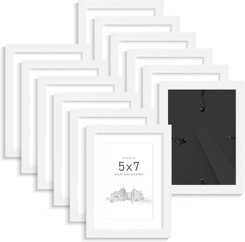 Picrit 5x7 Picture Frame Set of 12, Solid Wood with Black Backboard, Displays 4x6 with Mat or 5 x 7 Without Mat, Tabletop & Wall Mounted, Multi-Piece Wall Gallery Photo Frames for Home Decor, Black - Image 1