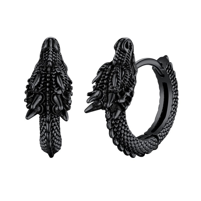 U7 Dragon Earrings Black Metal Plated Hoop Earrings for Men, Punk Rock Animal Huggie Earrings for Men - Image 1