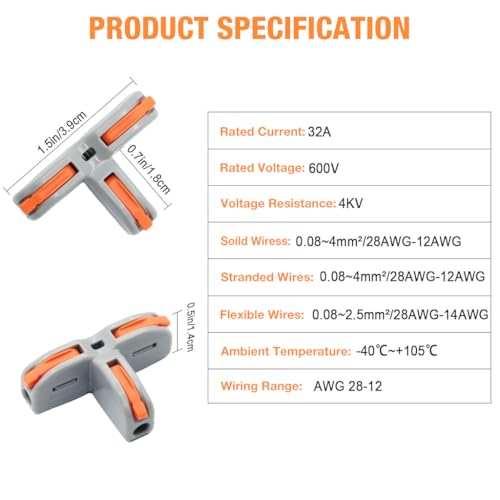 Serplex® 30Pcs T-Shape 3 Way Wire Conductor Quick Cable Splitter Electrical Connectors Push-in Terminal Block Universal Wire Connectors for AWG 28-12 Cable - Image 2