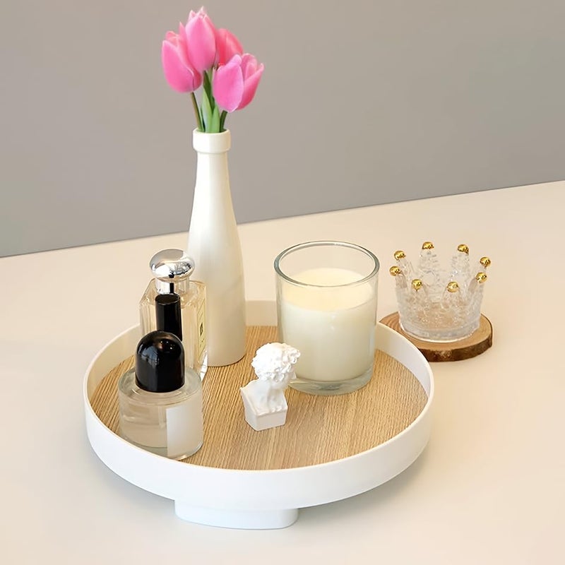 Prime Pick Wooden Round Makeup Perfume TrayBathroom Vanity TrayCosmetic Tray with Wooden Base Dresser Countertop Organizer TrayHolder Decorative Tray for Candle Lotion Bottle Jewelry Candle - Image 1