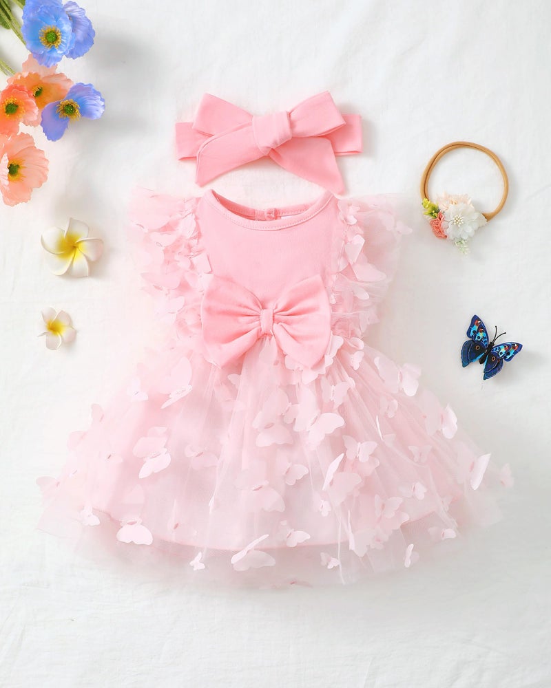 Renotemy Baby Girl Tulle Tutu Dress Pink Butterfly Sleeveless 1st Birthday Dress for Baby Girl Shower Gifts Boho Fairy Baptism Princess Wedding Birthday Party Dresses with Flower Headband 12-18 Months - Image 2