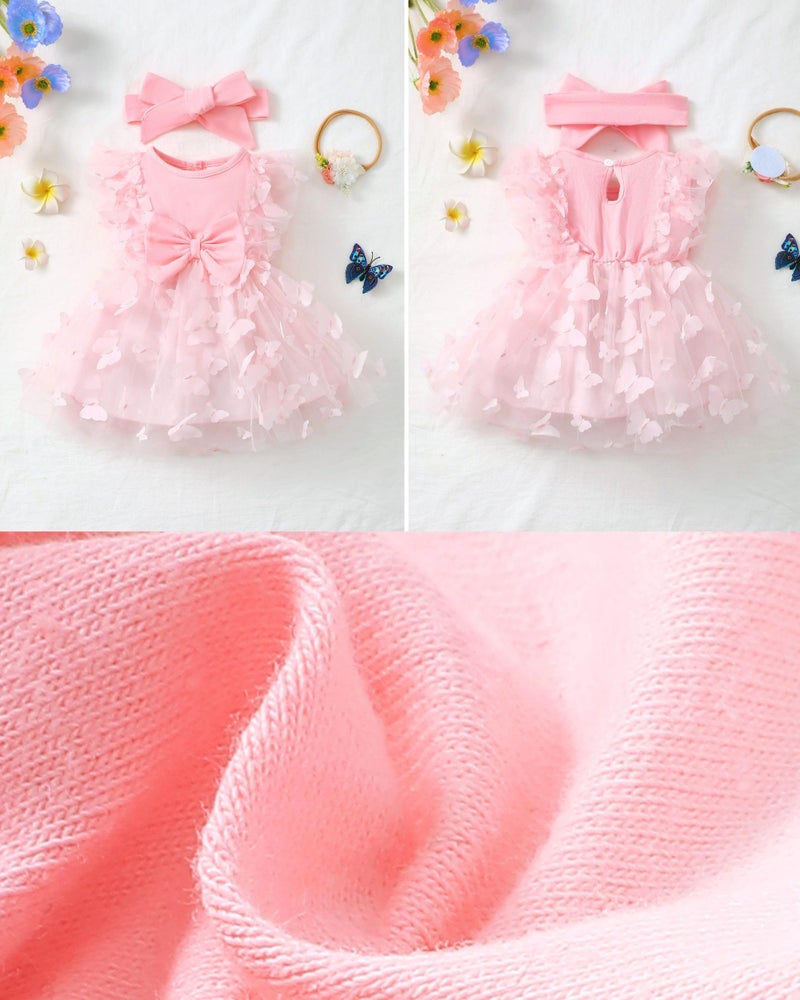 Renotemy Baby Girl Tulle Tutu Dress Pink Butterfly Sleeveless 1st Birthday Dress for Baby Girl Shower Gifts Boho Fairy Baptism Princess Wedding Birthday Party Dresses with Flower Headband 12-18 Months - Image 5
