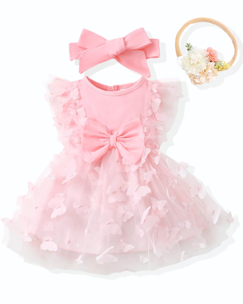 Renotemy Baby Girl Tulle Tutu Dress Pink Butterfly Sleeveless 1st Birthday Dress for Baby Girl Shower Gifts Boho Fairy Baptism Princess Wedding Birthday Party Dresses with Flower Headband 12-18 Months - Image 1