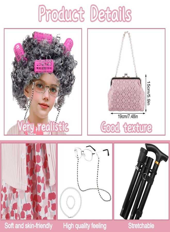 Kitimi 3Kids120 Kid 100th Day of School Costume, Old Lady Costume for Girls, 100 Days of School Costume Grandma Granny Wig - Image 3