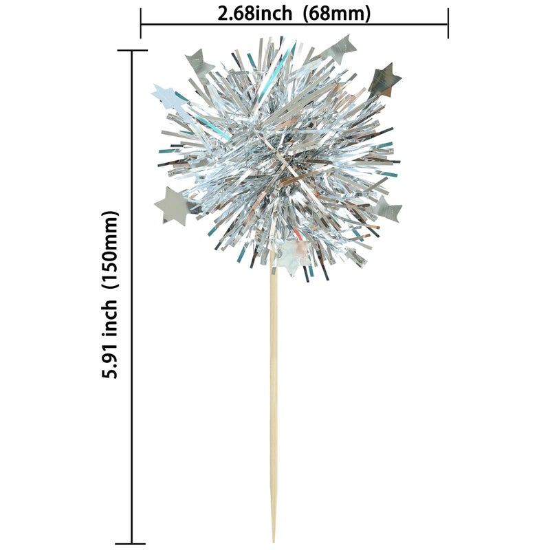 Ephlyn 30Pcs Foil Firework Cupcake Toppers Party Birthday Cake Toppers Supplies Sparkle Tinsel Cocktail Fruit Toothpick for Birthday Wedding Graduation Party Silver - Image 2