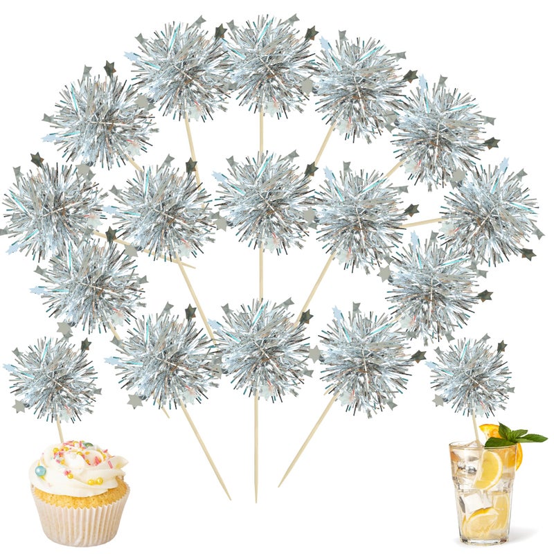 Ephlyn 30Pcs Foil Firework Cupcake Toppers Party Birthday Cake Toppers Supplies Sparkle Tinsel Cocktail Fruit Toothpick for Birthday Wedding Graduation Party Silver - Image 1