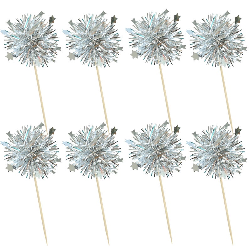 Ephlyn 30Pcs Foil Firework Cupcake Toppers Party Birthday Cake Toppers Supplies Sparkle Tinsel Cocktail Fruit Toothpick for Birthday Wedding Graduation Party Silver - Image 3