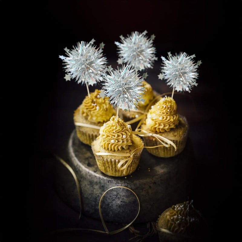 Ephlyn 30Pcs Foil Firework Cupcake Toppers Party Birthday Cake Toppers Supplies Sparkle Tinsel Cocktail Fruit Toothpick for Birthday Wedding Graduation Party Silver - Image 5