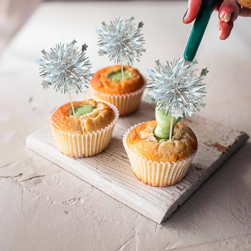 Ephlyn 30Pcs Foil Firework Cupcake Toppers Party Birthday Cake Toppers Supplies Sparkle Tinsel Cocktail Fruit Toothpick for Birthday Wedding Graduation Party Silver - Image 4