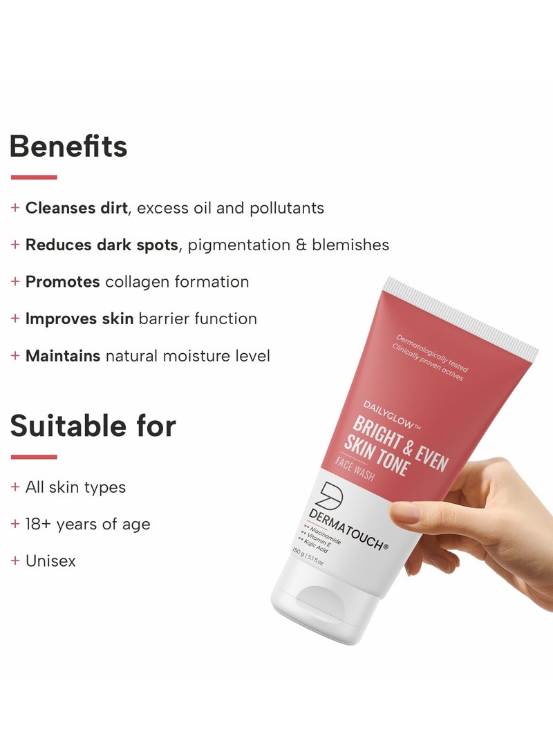 DERMATOUCH Bright & Even Tone Face Wash with Niacinamide, Vitamin E and Kojic Acid | Daily Gentle Face Cleanser For Tan, Pigmentation, Uneven Tone - 150G - Image 2
