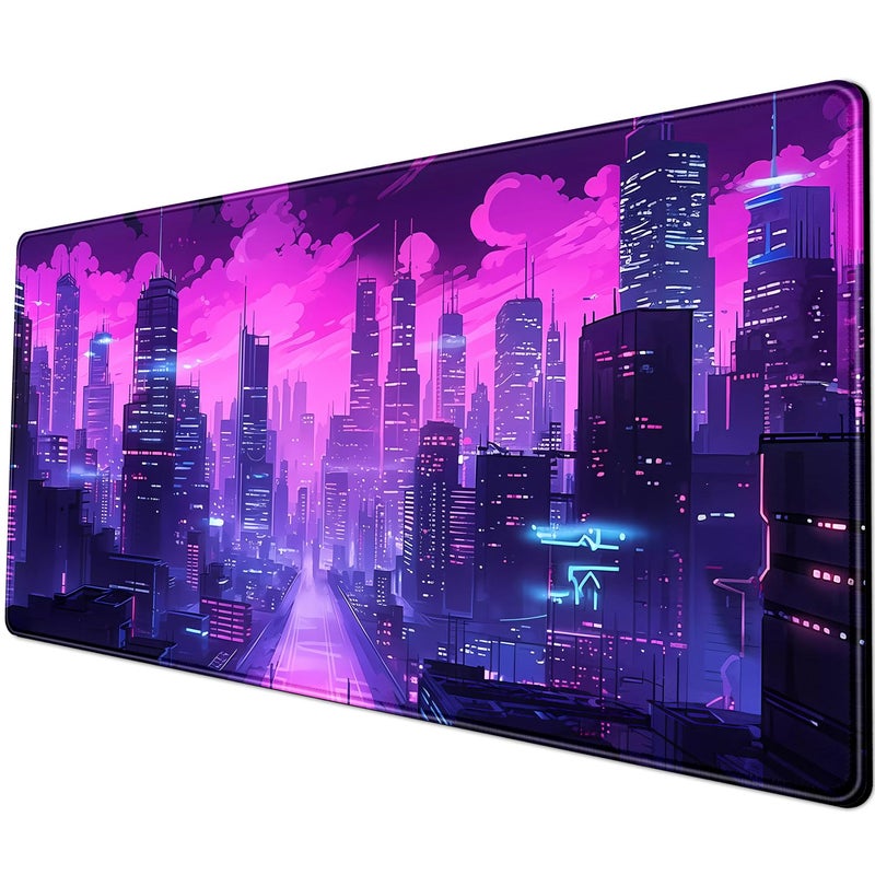 YKJWW Desk Pad Cyberpunk Purple Desk Mat City Skyline Gaming Extended Mouse Pad Big Office Keyboard Pc Laptop for Women Large Mousepad with Stitched Eges NonSlip Base Mouse Keyboard Mat 315x118 in - Image 2