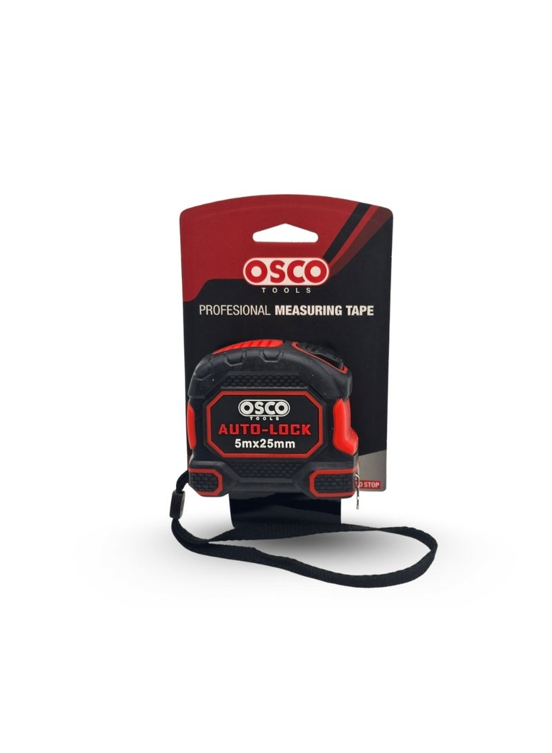 OSCO-TOOLS OSCO 5-Meter Rubber-Coated Measuring Tape, Durable Non-Slip Design with Metal Clip, Clear Markings, and Lock Button for Accurate Measurements in Construction, Carpentry, and Home Use.