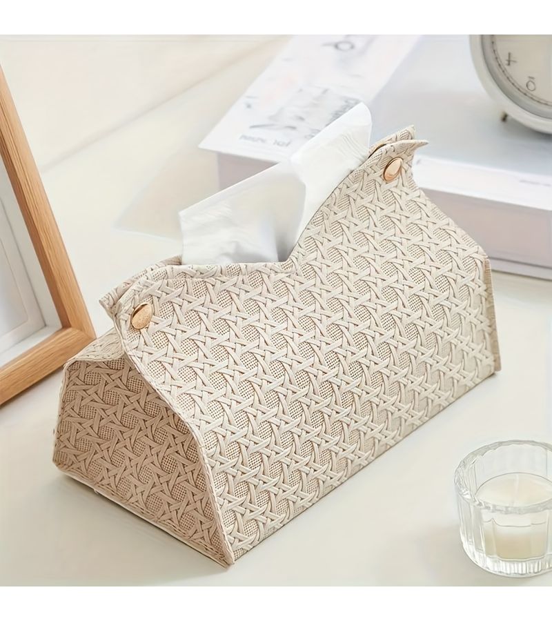 Light Brown Woven Fabric Tissue Box Cover for Aesthetic Home Office Decor - Image 2