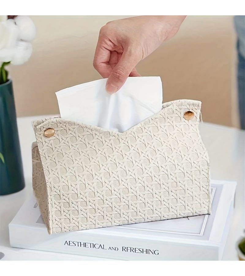 Light Brown Woven Fabric Tissue Box Cover for Aesthetic Home Office Decor - Image 1