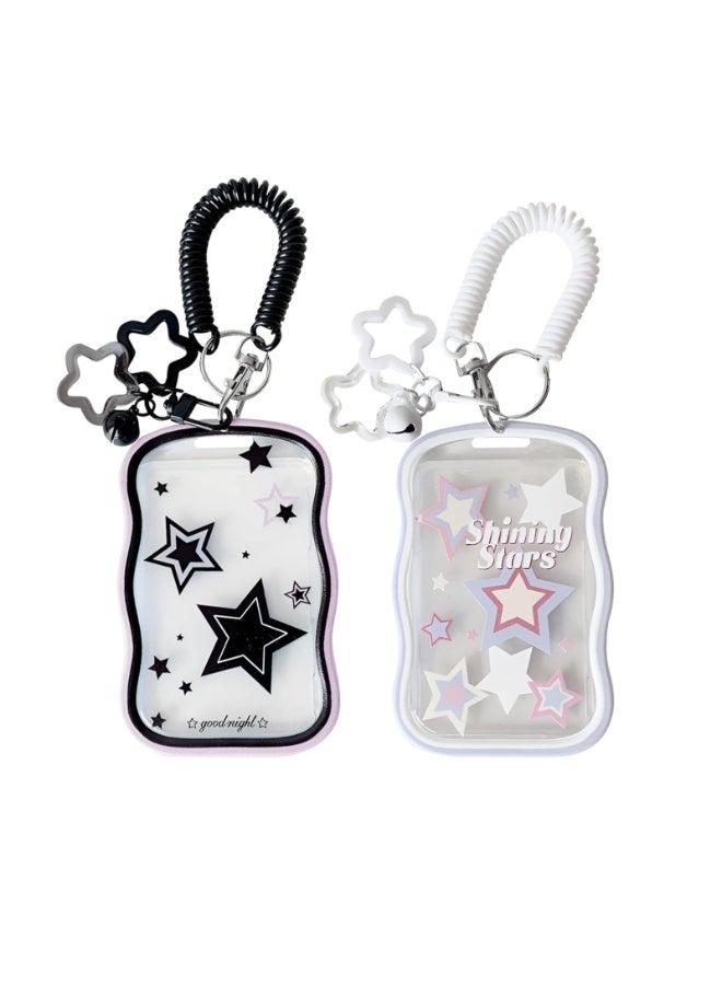 2 Pack Star Photocard Holder Keychain – Cute Transparent Silicone Protective ID Card Case with Bell Pendant, Coil Lanyard for Bus, Student Card & Photos - Image 1