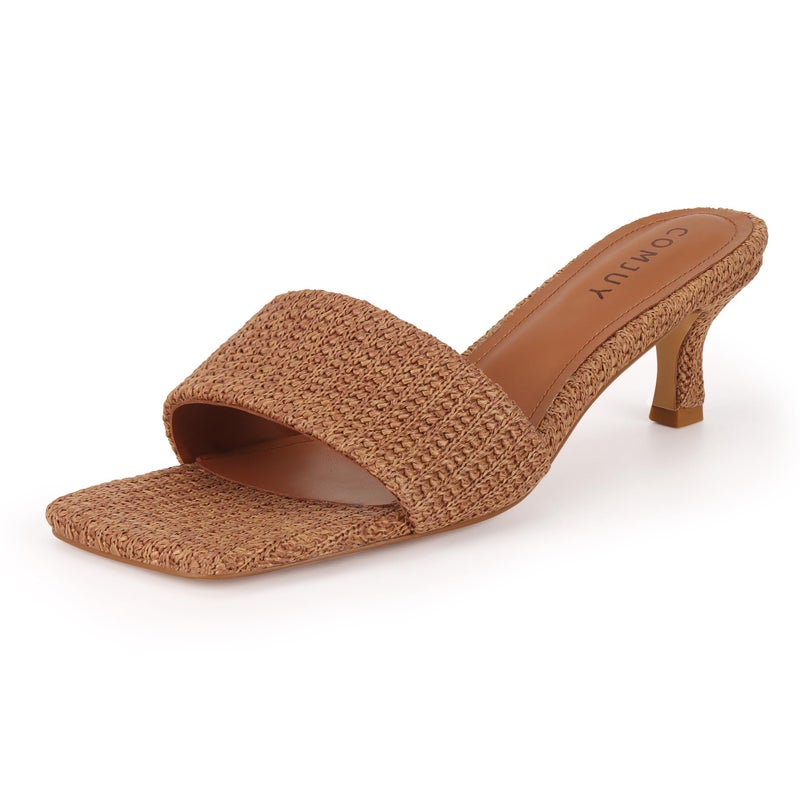 COMJUY Brown Comfortable Heels for Women 2 Inch Short Heels Raffia Sandals Heeled Beach Sandals Summer Vacation Shoes 8 - Image 1