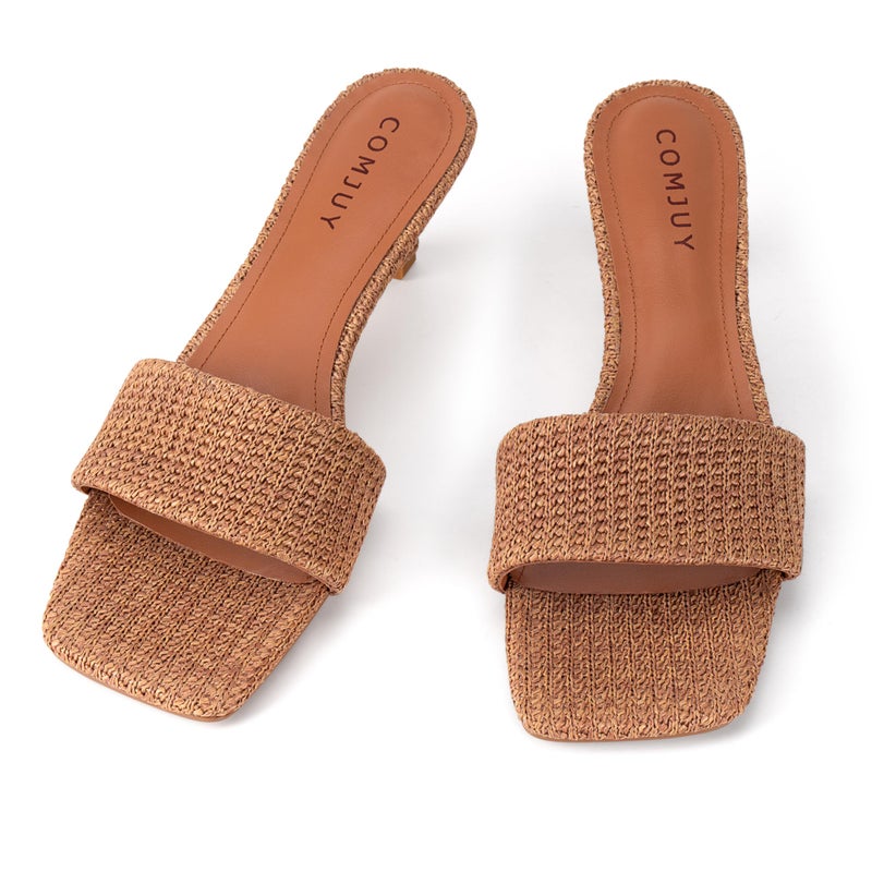 COMJUY Brown Comfortable Heels for Women 2 Inch Short Heels Raffia Sandals Heeled Beach Sandals Summer Vacation Shoes 8 - Image 5