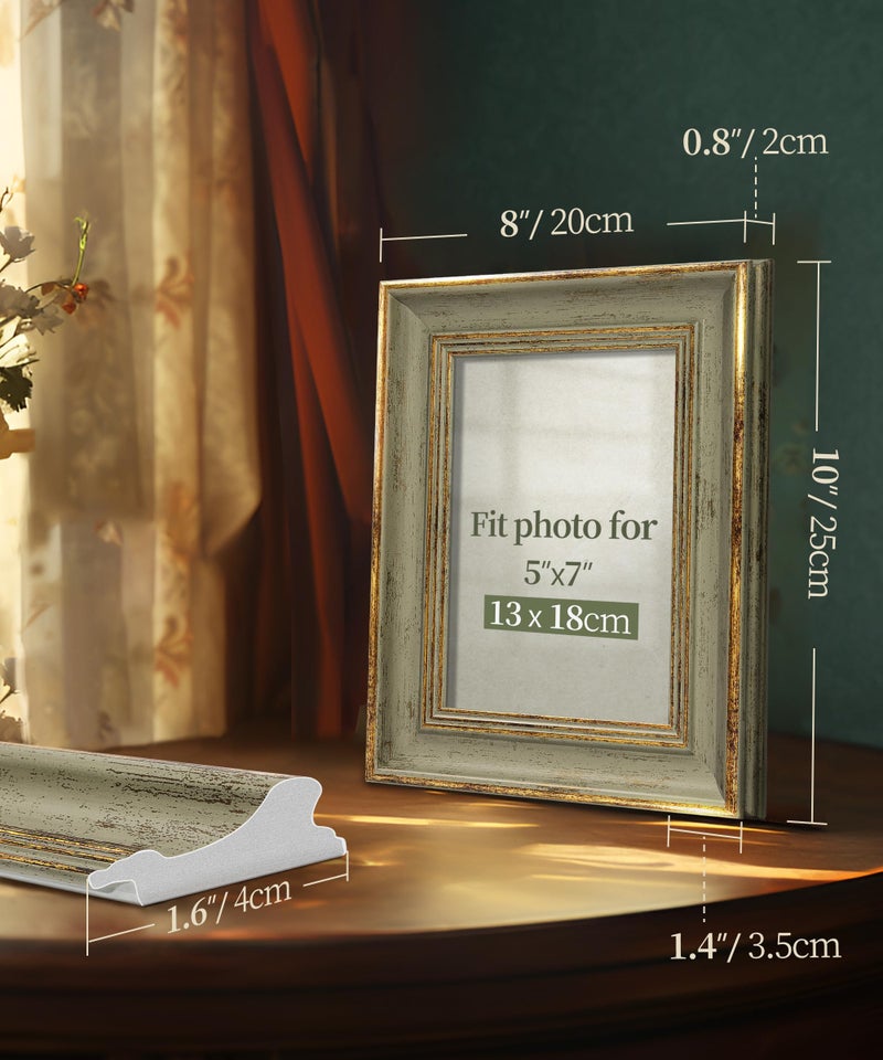 Afuly 5x7 Picture Frame Vintage Antique Photo Frame Retro Green Gold Picture Frames Home Decor for Wall Haning or Tabletop Display, Wedding Birthday Gifts for Mom Grandma Women - Image 3