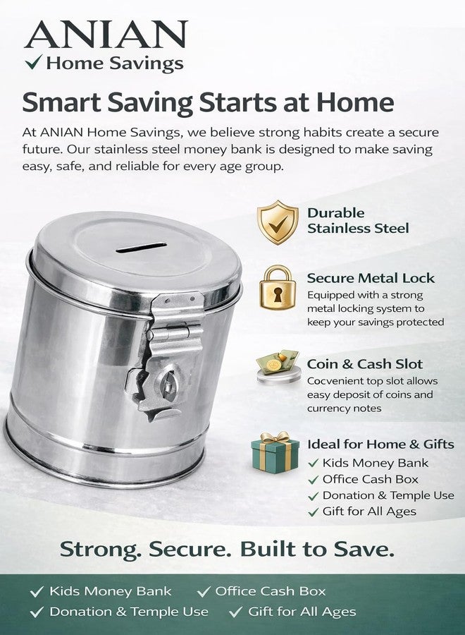 انيان حصالة نقود من الفولاذ المقاوم للصدأ مع قفل | صندوق توفير نقود بفتحة | حاوية لتخزين العملات المعدنية والنقدية | حصالة نقود من الفولاذ المقاوم للصدأ مع قفل، صندوق توفير عملات أسطواني، لون فضي، طقم من قطعتين - Image 4
