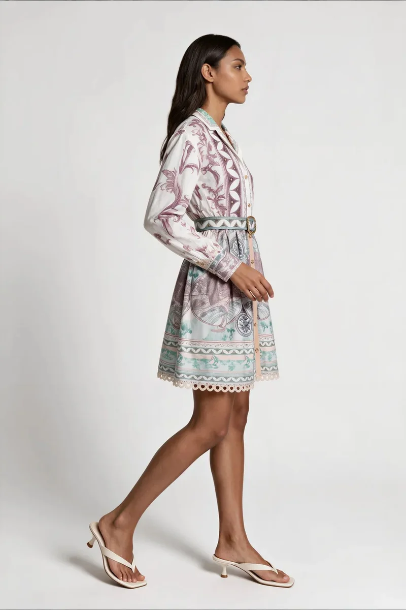 جينيفر Geometric Belted Shirt Dress