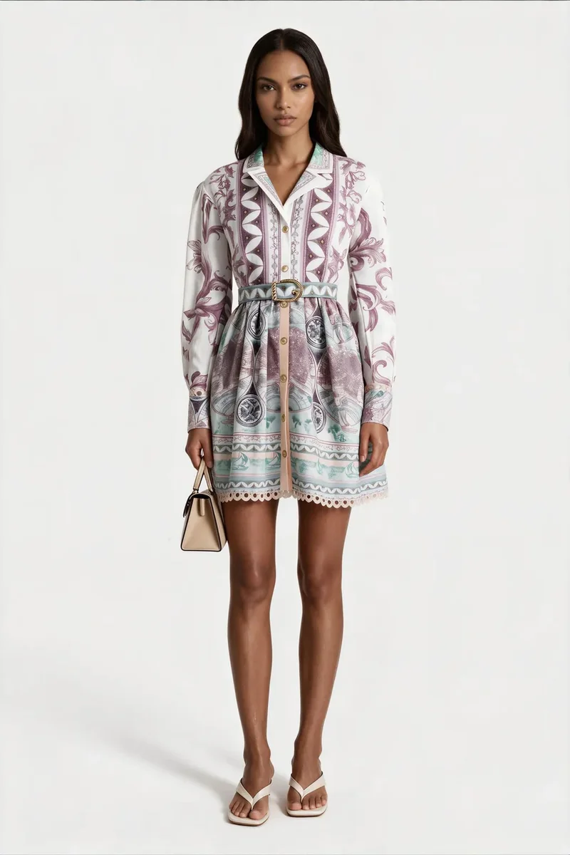 جينيفر Geometric Belted Shirt Dress