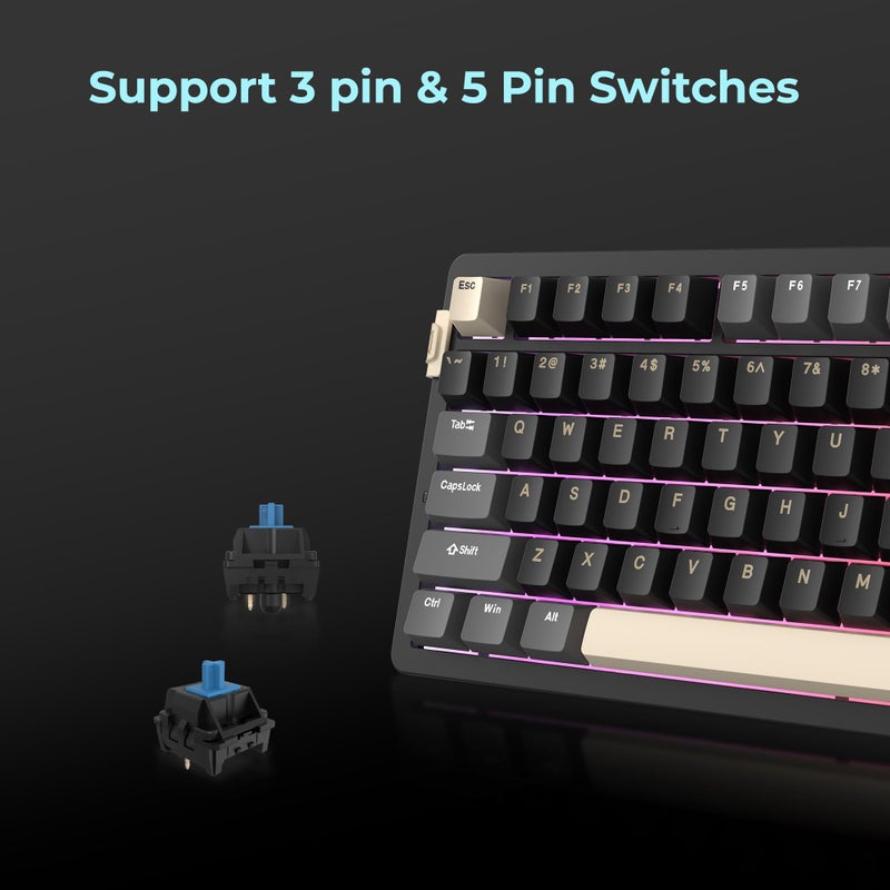 Rosewill Neon S75 Wireless Mechanical Gaming Keyboard, 80-Key Layout w/Volume Knob, Bluetooth / 2.4GHz / USB-C, Hot-Swappable Blue Switches, RGB Backlit, 6000mAh Battery, Windows & macOS, White - Image 3