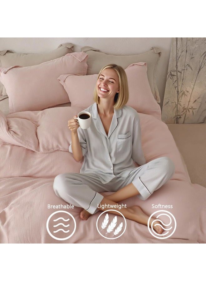 MorroMorn Muslin Duvet Cover Queen Size, 100% Breathable Cotton Comforter Cover Sets, Ultra Soft 2-Layer Gauze Duvet Cover Set 3 PCS with 2 Pillowcases, Lightweight Linen Like, 90"x90", Pink - Image 2