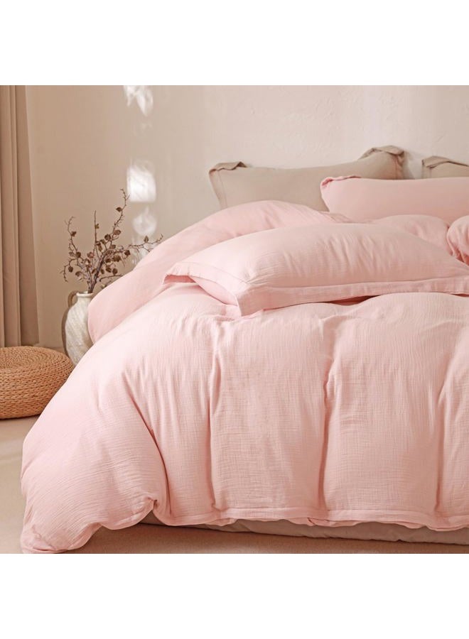 MorroMorn Muslin Duvet Cover Queen Size, 100% Breathable Cotton Comforter Cover Sets, Ultra Soft 2-Layer Gauze Duvet Cover Set 3 PCS with 2 Pillowcases, Lightweight Linen Like, 90"x90", Pink - Image 1