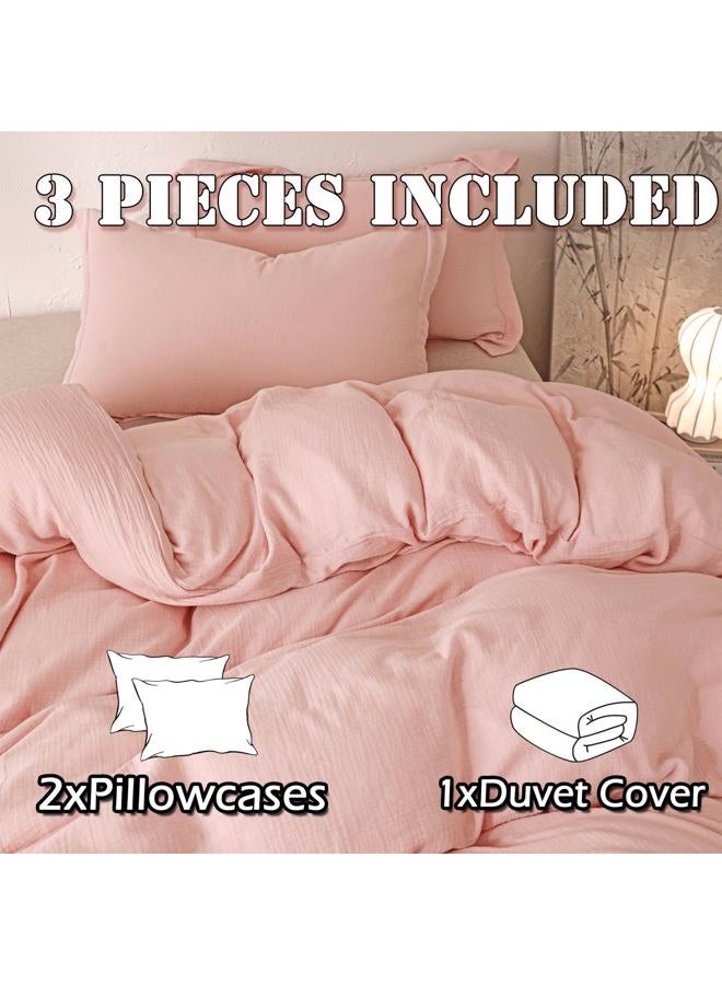 MorroMorn Muslin Duvet Cover Queen Size, 100% Breathable Cotton Comforter Cover Sets, Ultra Soft 2-Layer Gauze Duvet Cover Set 3 PCS with 2 Pillowcases, Lightweight Linen Like, 90"x90", Pink - Image 5