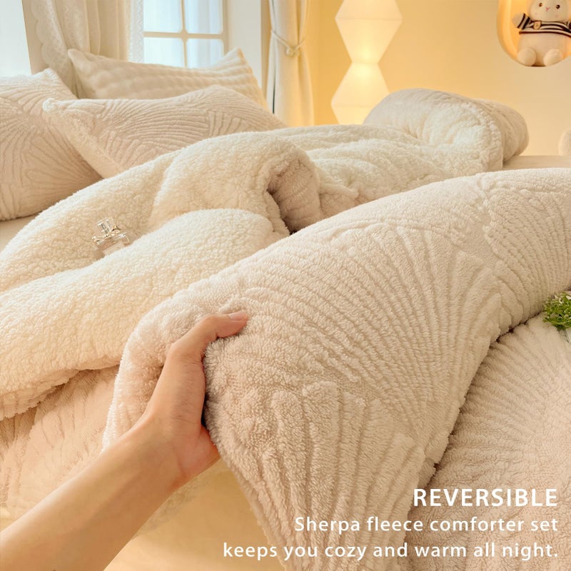 tohrisa Seashell Jacquard Sherpa Comforter Set Warm Cozy Premium Bedding 3 Pieces, King Size Geometric Pattern Quilt Comforter with 2 Pillowcases(104"X90" Ivory White) - Image 2