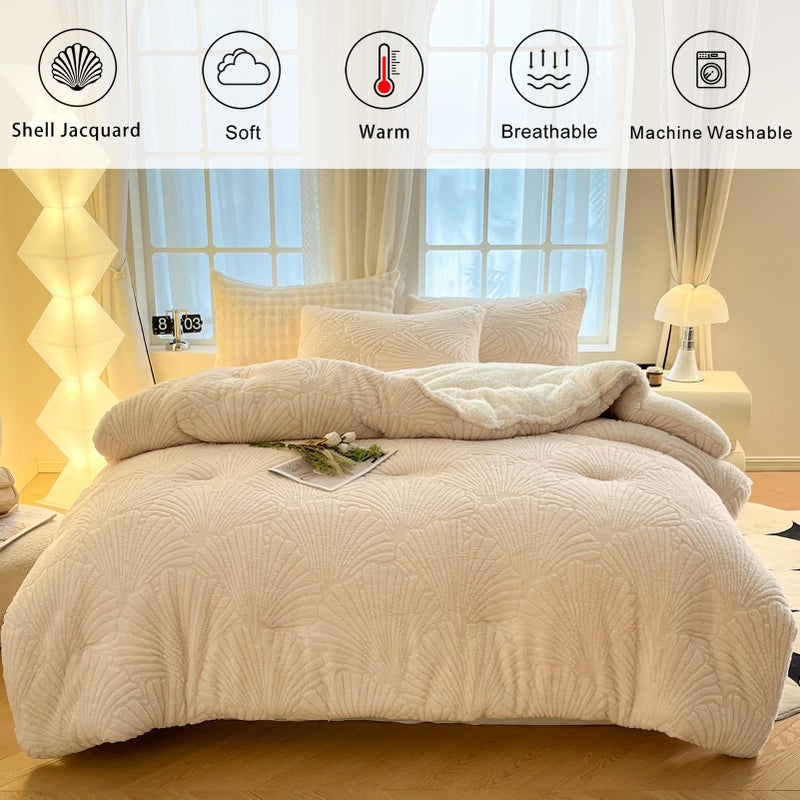 tohrisa Seashell Jacquard Sherpa Comforter Set Warm Cozy Premium Bedding 3 Pieces, King Size Geometric Pattern Quilt Comforter with 2 Pillowcases(104"X90" Ivory White) - Image 4
