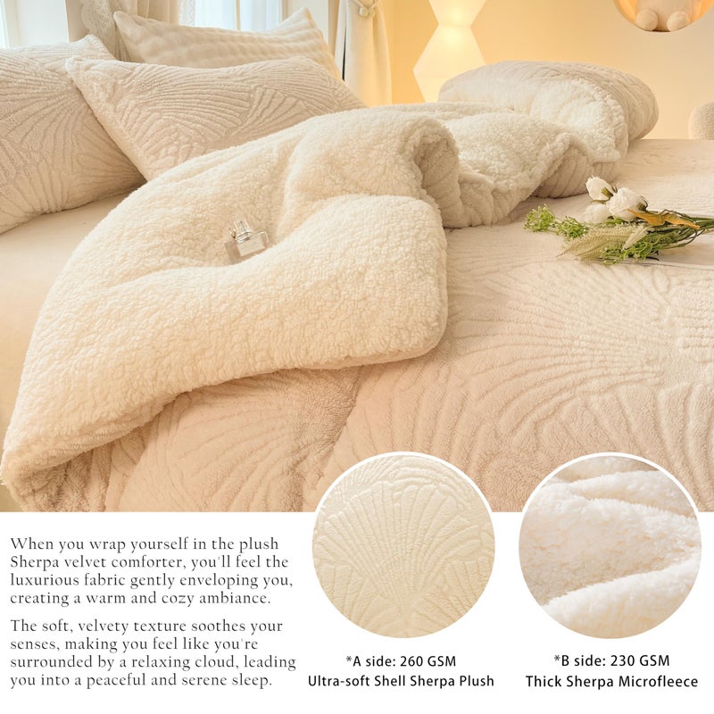tohrisa Seashell Jacquard Sherpa Comforter Set Warm Cozy Premium Bedding 3 Pieces, King Size Geometric Pattern Quilt Comforter with 2 Pillowcases(104"X90" Ivory White) - Image 3