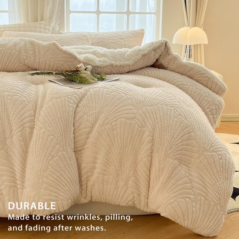 tohrisa Seashell Jacquard Sherpa Comforter Set Warm Cozy Premium Bedding 3 Pieces, King Size Geometric Pattern Quilt Comforter with 2 Pillowcases(104"X90" Ivory White) - Image 5