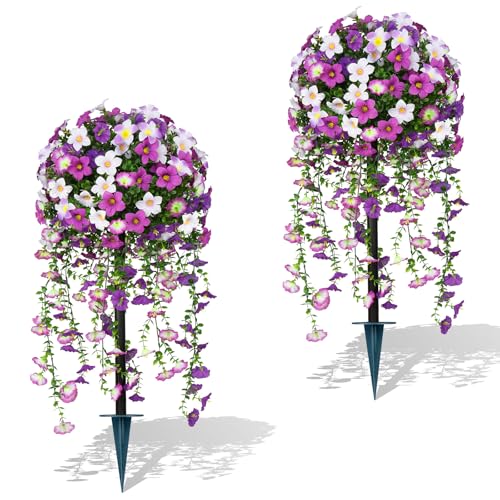 Yangrass Artificial Topiary Ball Trees with Purple Morning Glory Flowers, 3FT Artificial Bushes Faux Outdoor Plants Set of 2 with Ground Spike, UV Resistant Fake Shrubs for Front Porch Garden - Image 1
