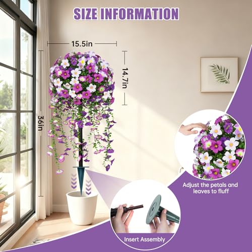 Yangrass Artificial Topiary Ball Trees with Purple Morning Glory Flowers, 3FT Artificial Bushes Faux Outdoor Plants Set of 2 with Ground Spike, UV Resistant Fake Shrubs for Front Porch Garden - Image 3