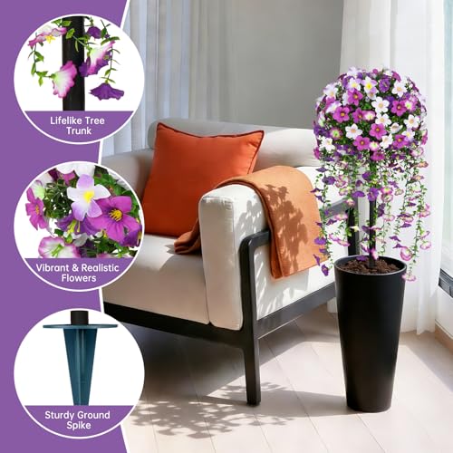 Yangrass Artificial Topiary Ball Trees with Purple Morning Glory Flowers, 3FT Artificial Bushes Faux Outdoor Plants Set of 2 with Ground Spike, UV Resistant Fake Shrubs for Front Porch Garden - Image 4